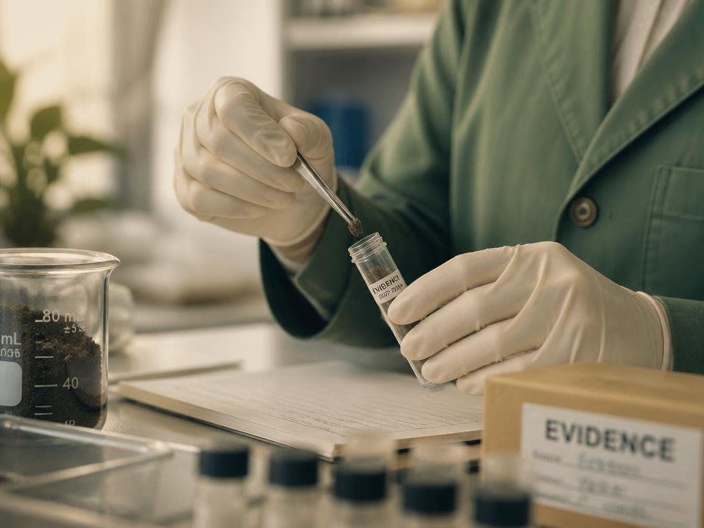 Gloved hands placing a small evidence sample into a labeled tube