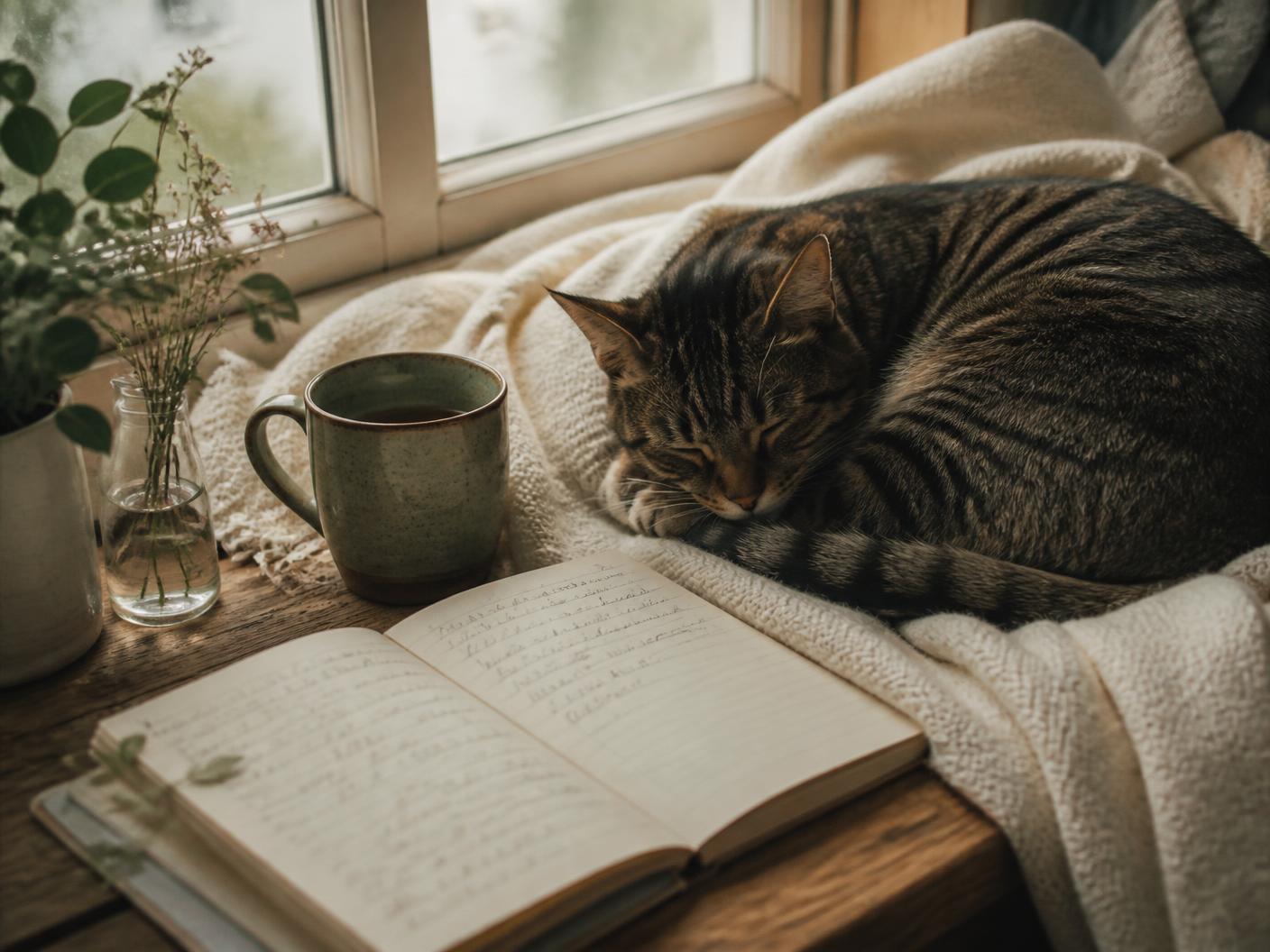 A cat asleep on a blanket by a sunny window