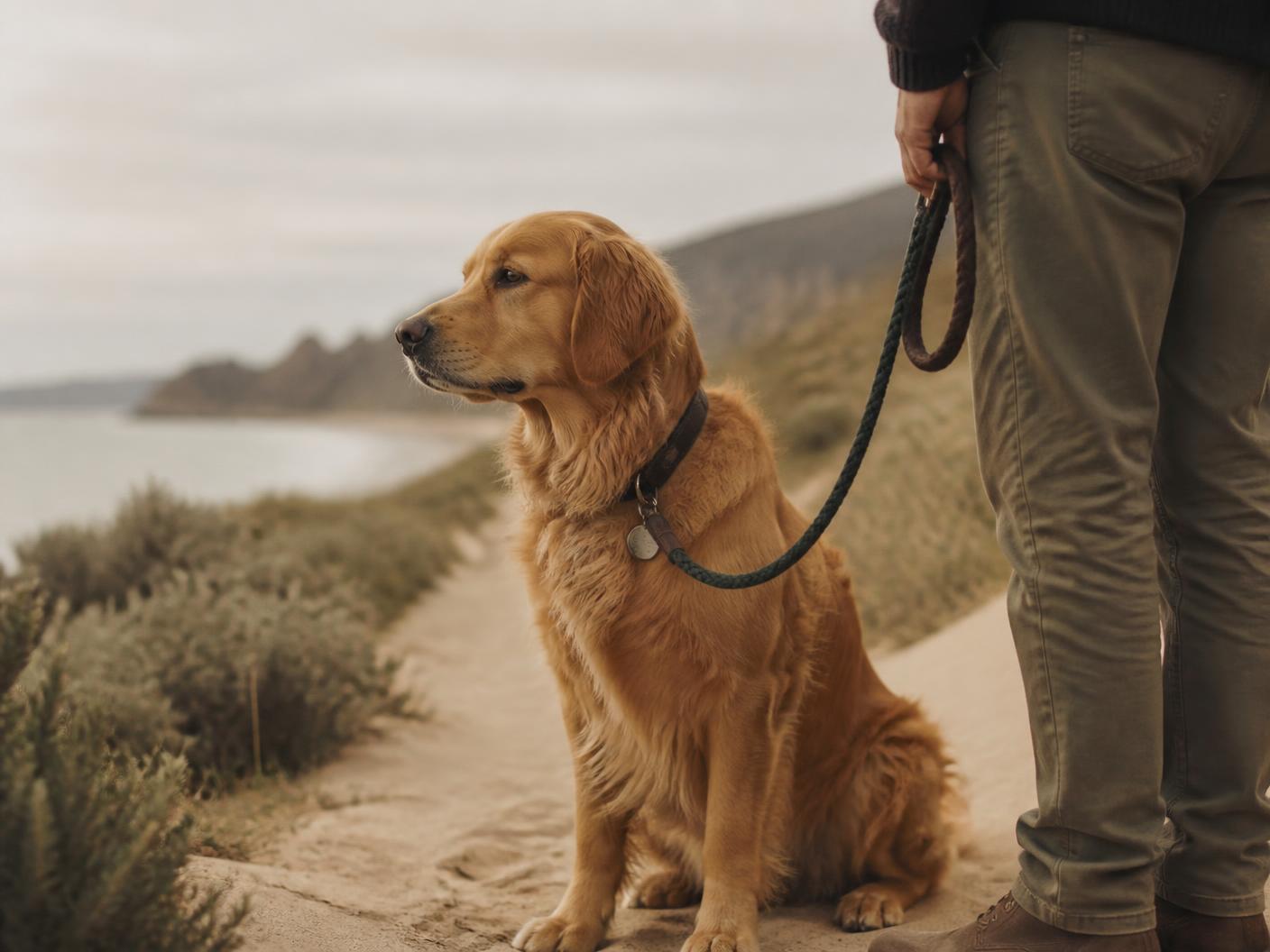 A golden retriever on a coastal walk during a pet-sitting visit