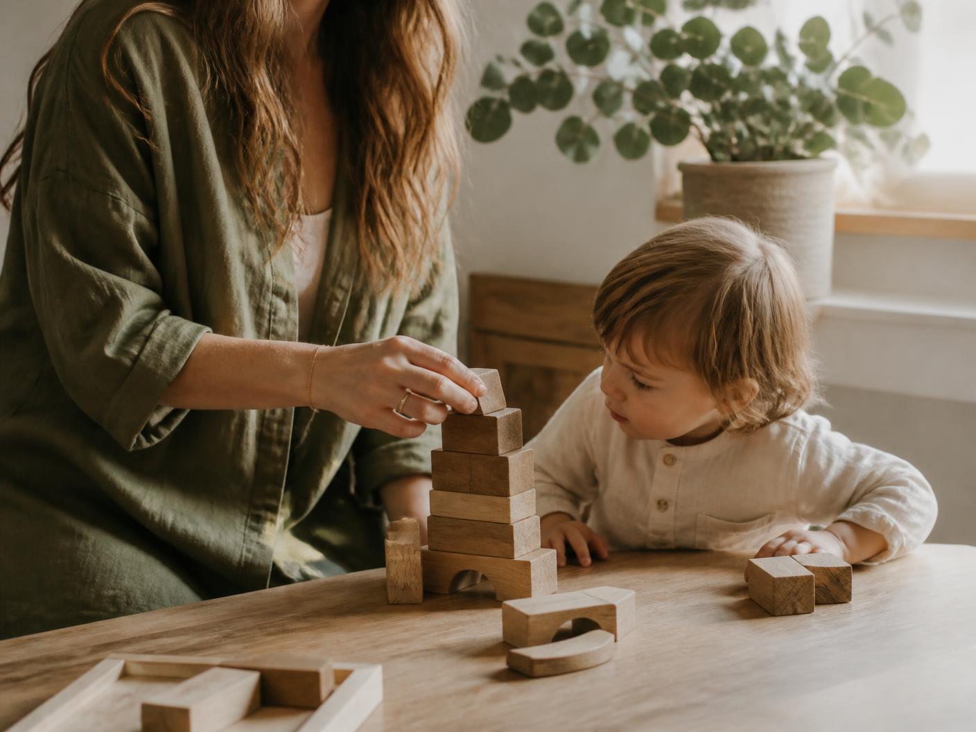 Building with wooden blocks during an afternoon of childcare