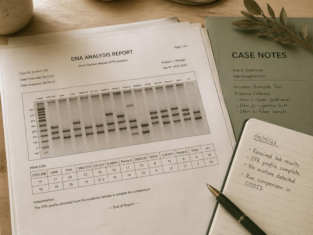 A DNA analysis report and case notes laid out on a desk
