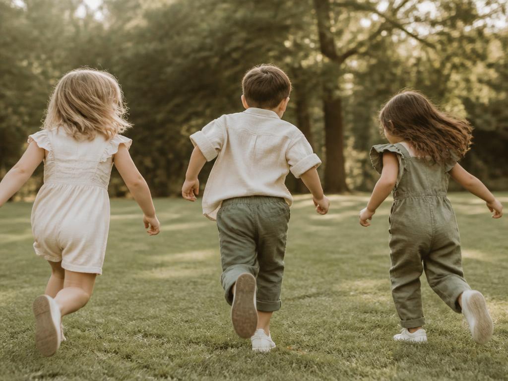 Three children running and playing together on a grassy lawn in late-afternoon light