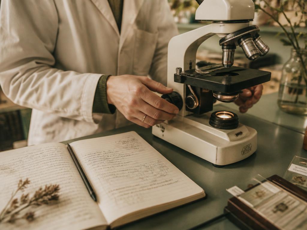 Hands adjusting a microscope beside a notebook of handwritten notes